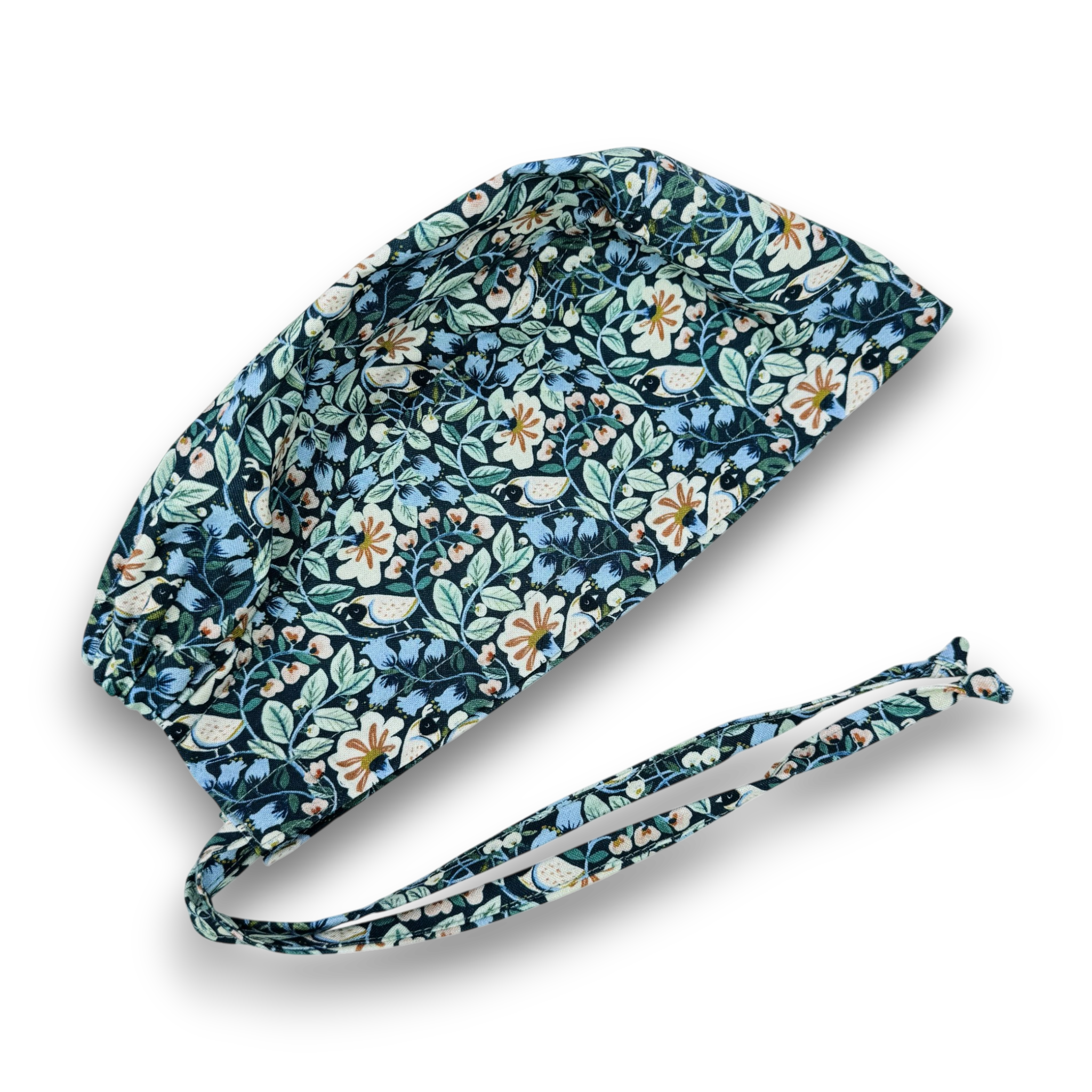 Bird & Floral Skull tie-back style surgical scrub cap for men by Paradise Caps.