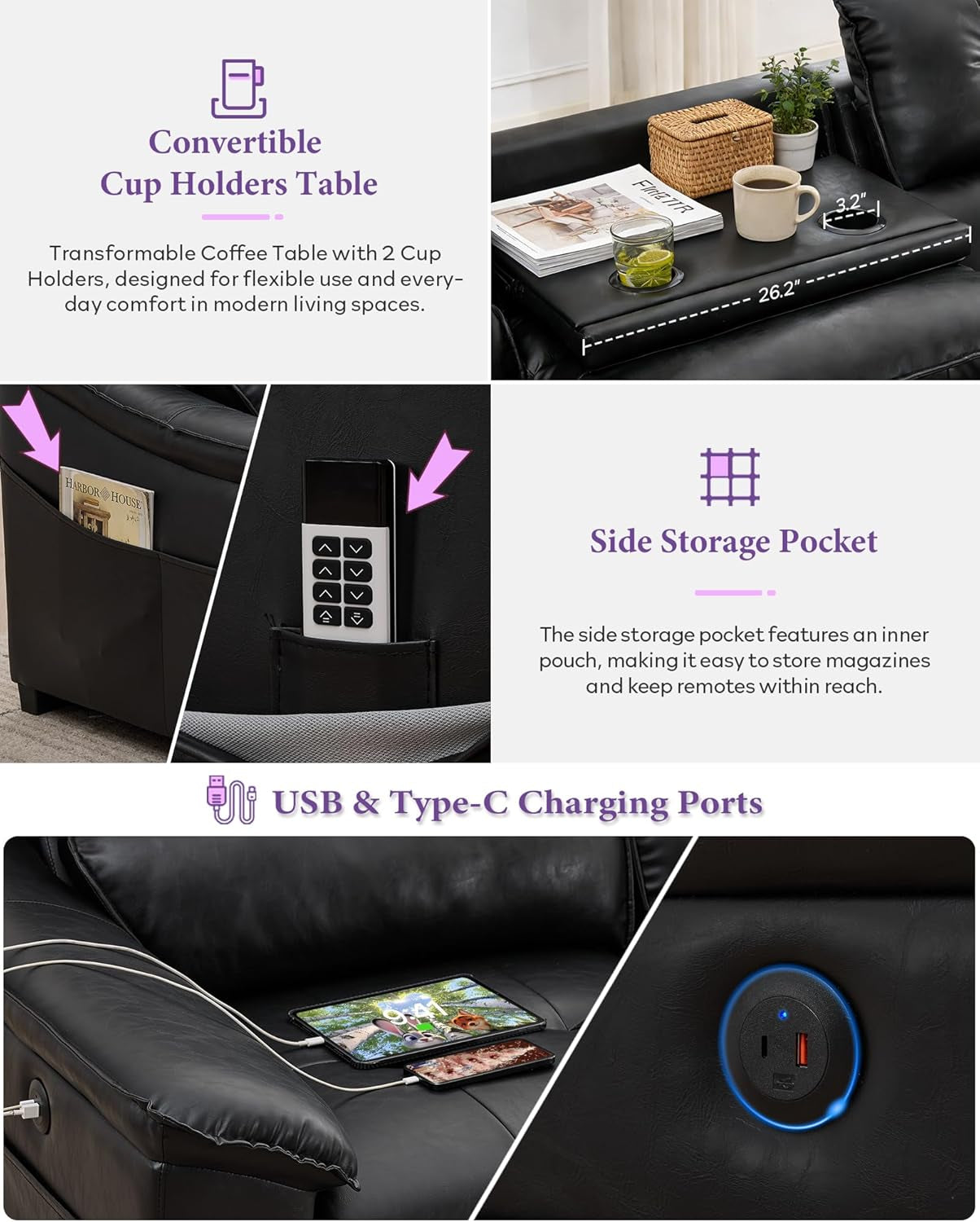Large Electric Recliner Sectional Leather USB Ports