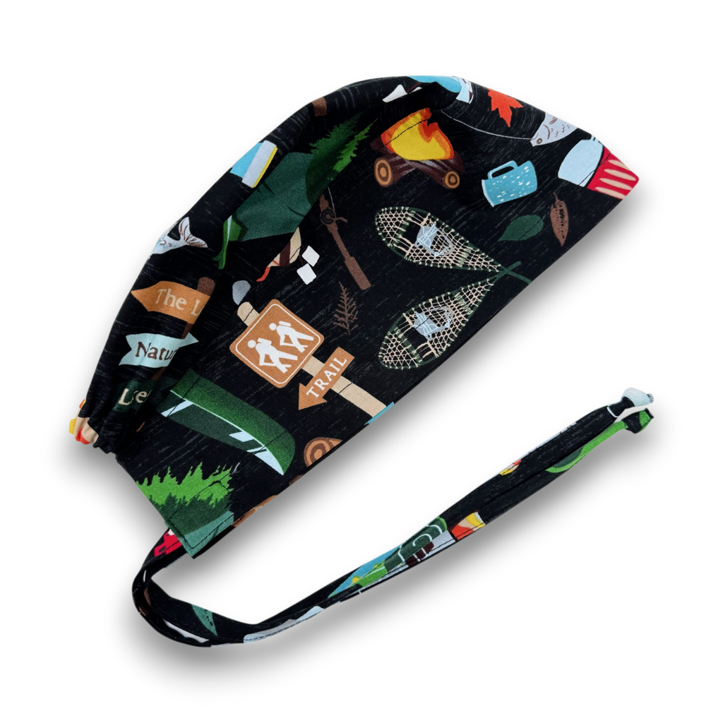 Camping Hiking Skull tie-back style surgical scrub cap for men by Paradise Caps.