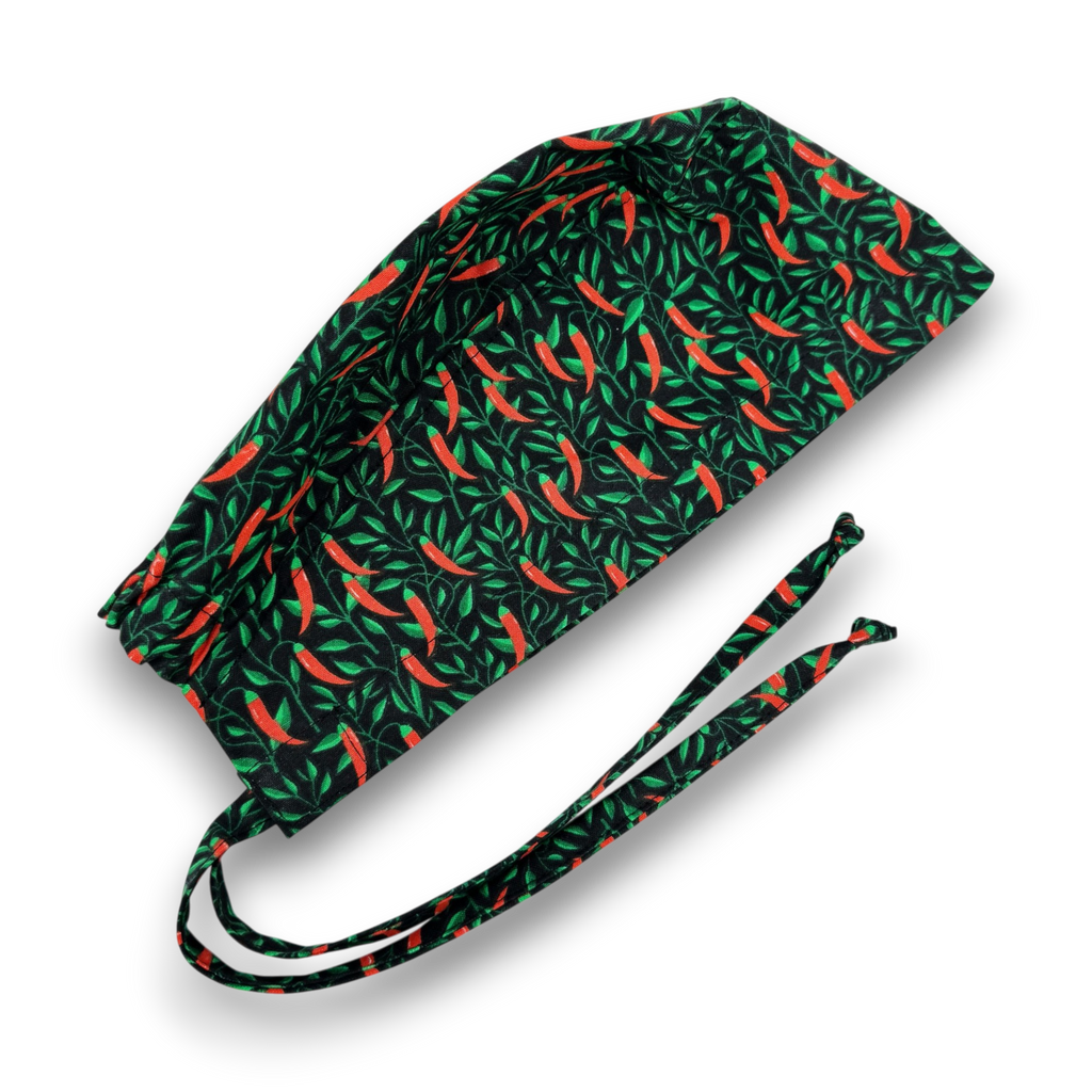 Surgical scrub cap for men. Spicy Chili Pepper tie back scrub hat by Paradise Caps.