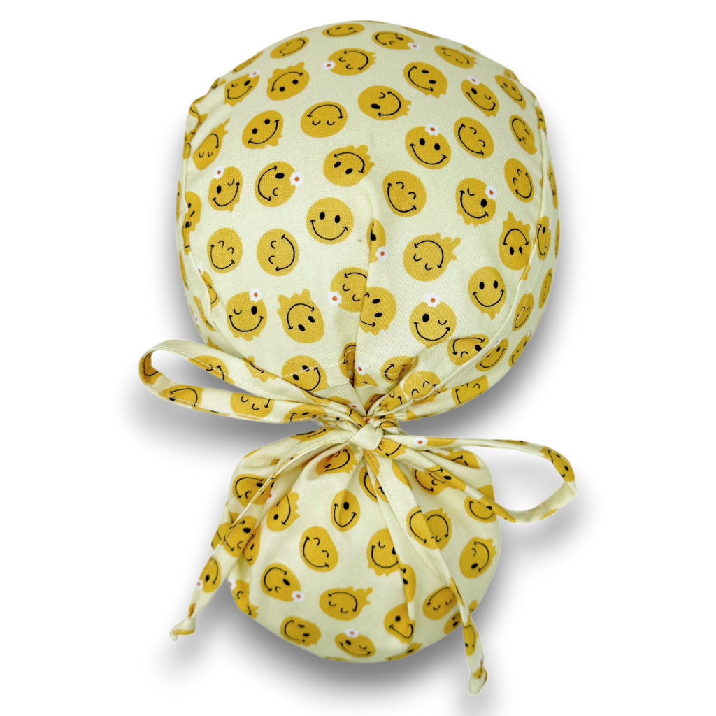 Ponytail scrub cap women. Smile Satin Lined option Ponytail scrub hat. Funny Scrub caps for women by Paradise Caps.
