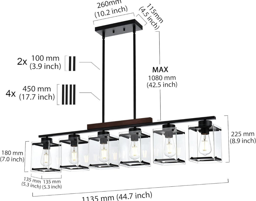TULUCE 6 Light Farmhouse Chandelier Lighting Vintage Pendant Lighting Clear Glass Shade Flush Mount Lighting Fixture Black Pendant Lamp for Entryways,