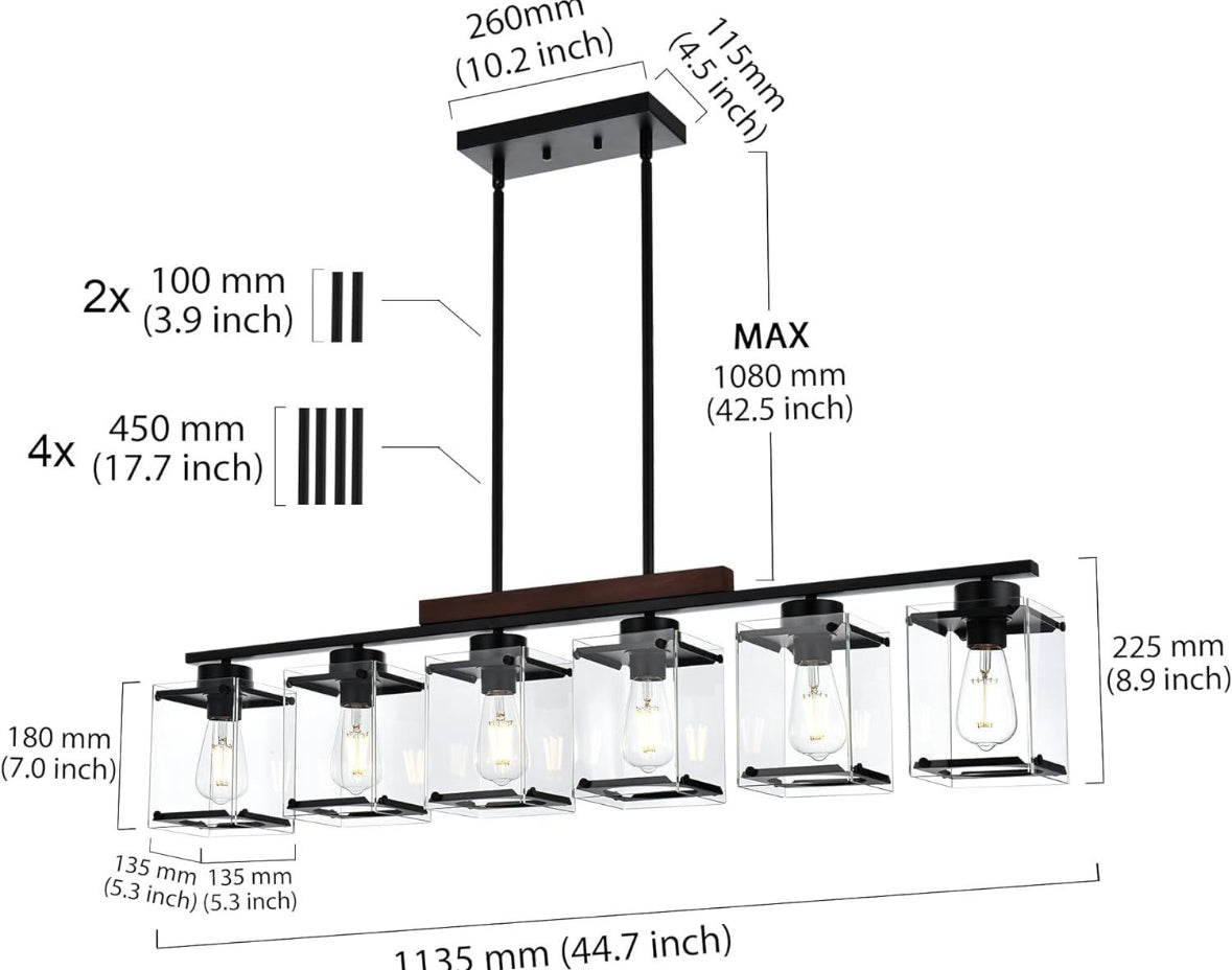 TULUCE 6 Light Farmhouse Chandelier Lighting Vintage Pendant Lighting Clear Glass Shade Flush Mount Lighting Fixture Black Pendant Lamp for Entryways,