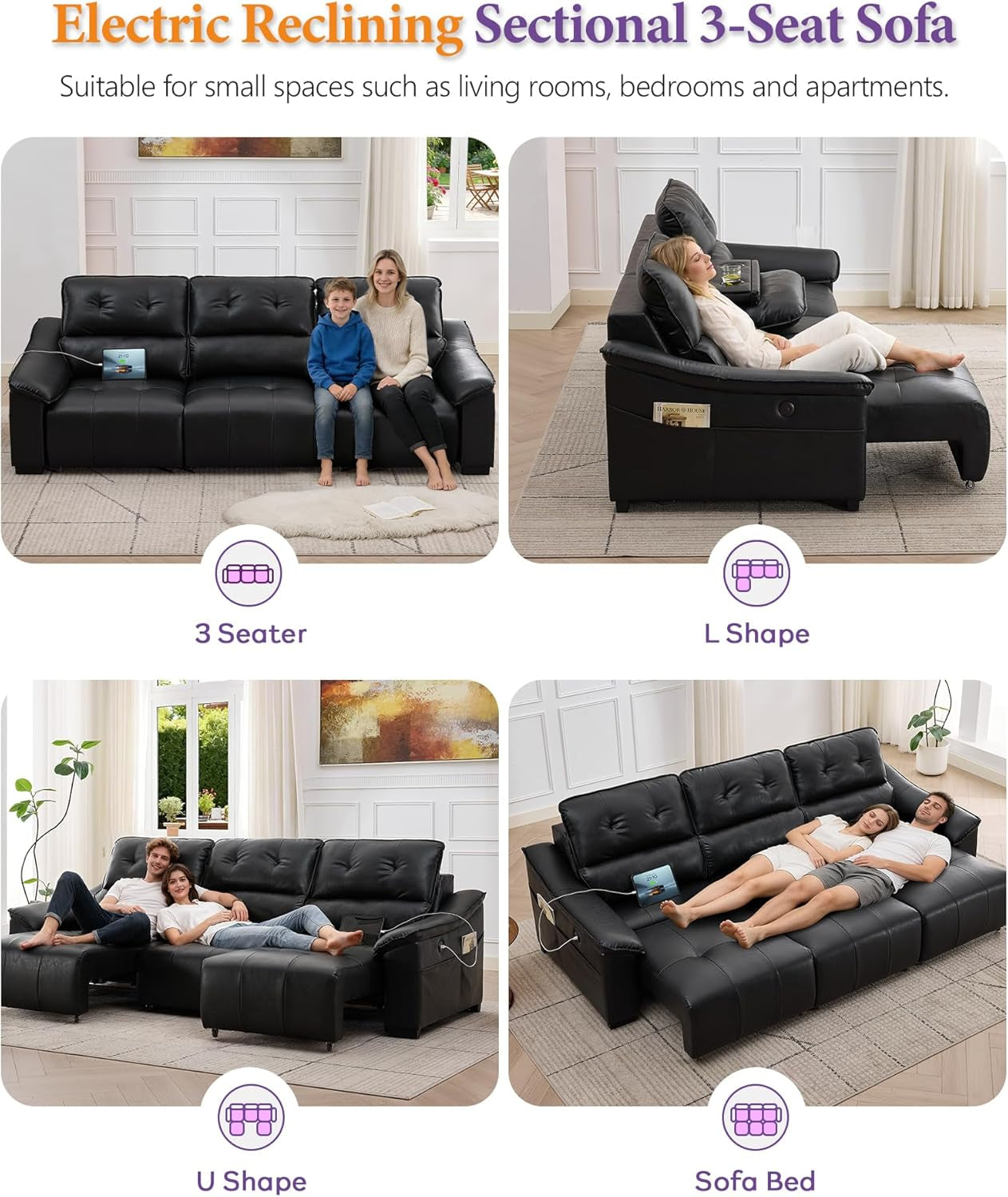 Large Electric Recliner Sectional Leather USB Ports