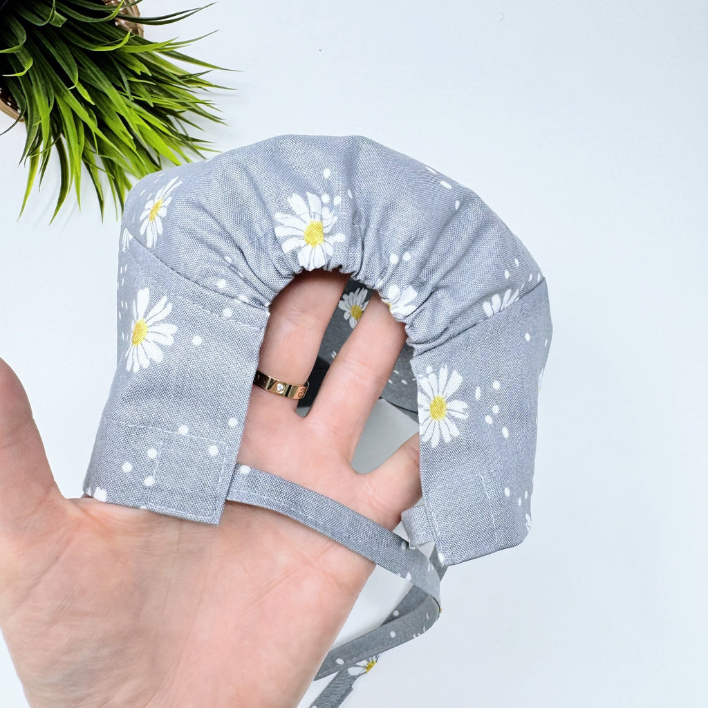 Gray Daisy Dots Skull tie-back style surgical scrub cap for men by Paradise Caps.