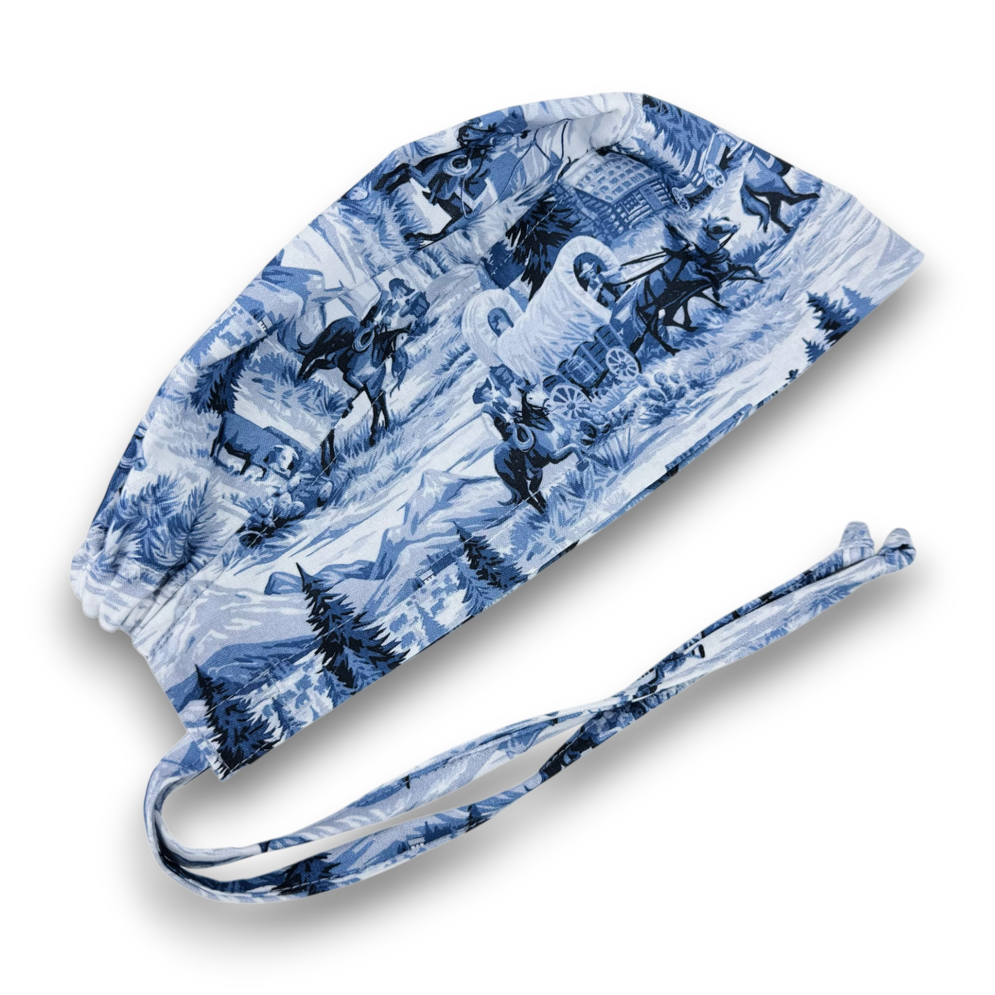Men's surgical scrub cap. Wild West Blues skull tie-back style scrub hat by Paradise Caps.