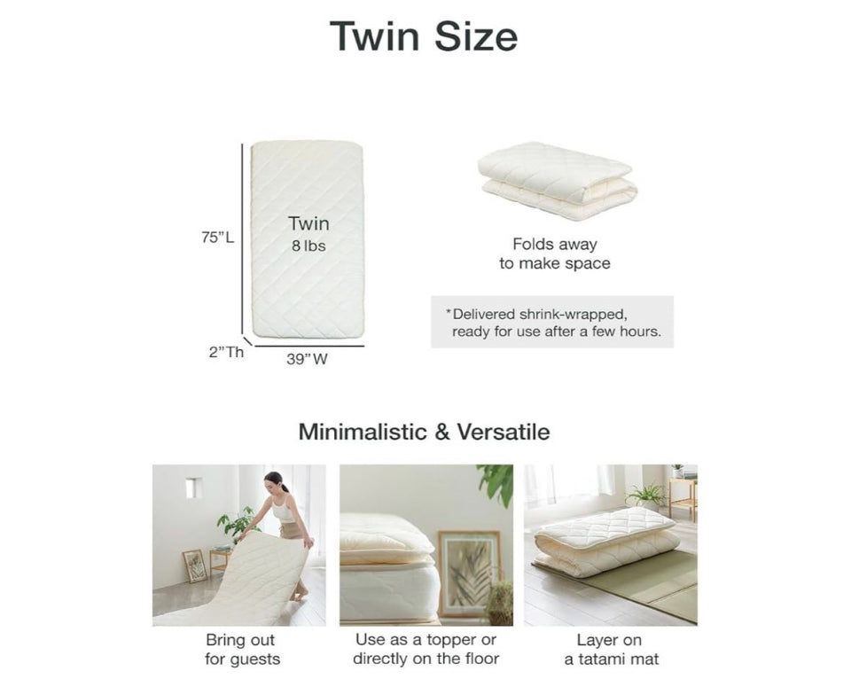 FULI Japanese Futon Mattress, Japanese Floor Mattress, Floor Bed, Tatami Foldable Bed, Roll Up Sleeping Pad, Shikibuton, Made in Japan (White, Twin)