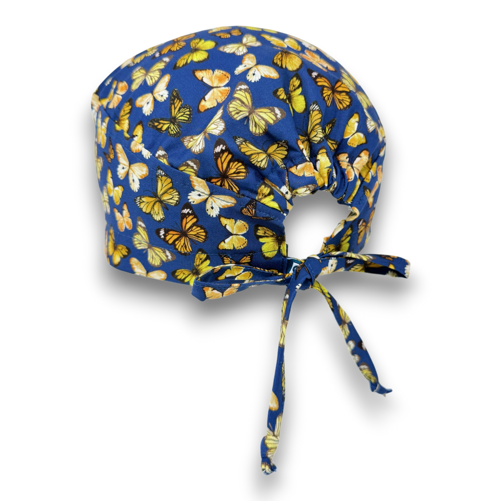 Yellow Butterfly Skull tie-back style surgical scrub cap for men by Paradise Caps.
