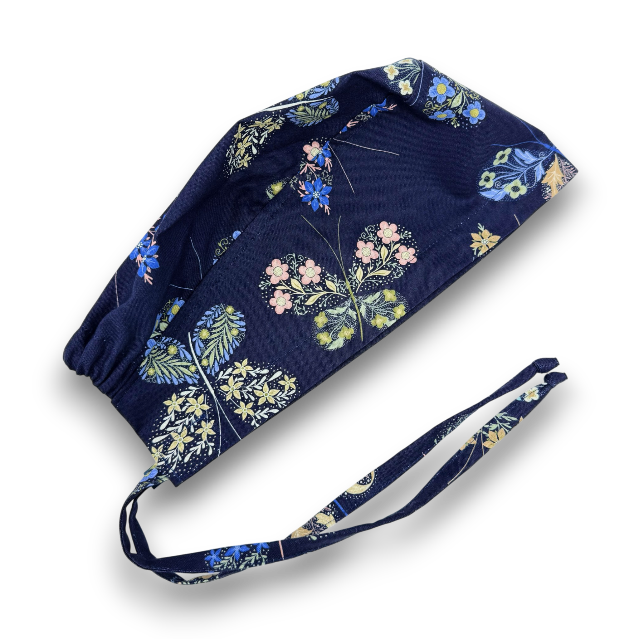 Blue Butterfly Skull tie-back style surgical scrub cap for men by Paradise Caps.