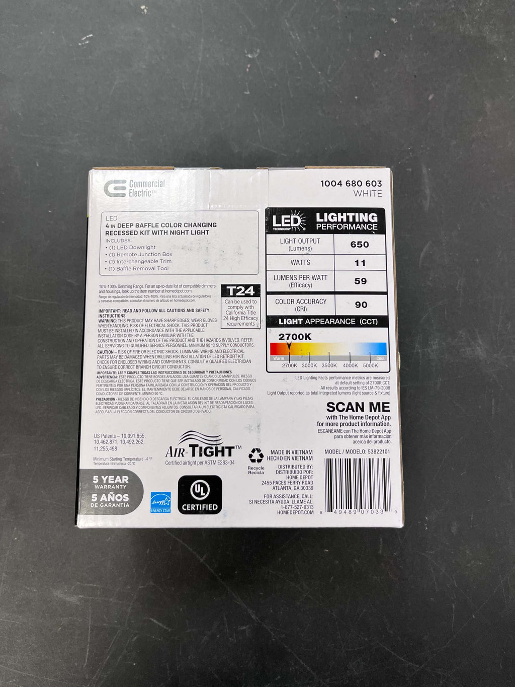 Brand New Commercial Electric 4 in. Adjustable CCT Integrated LED Canless Recessed Light Trim with Night Light 650 Lumens Reduces Glare and Eye Strain