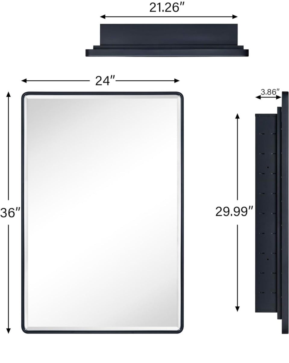 TEHOME Farmhouse Matt Black Recessed Bathroom Medicine Cabinet with Mirror Rounded Rectangle Metal Framed Medicine Cabinet with Beveled Mirror 24x36"