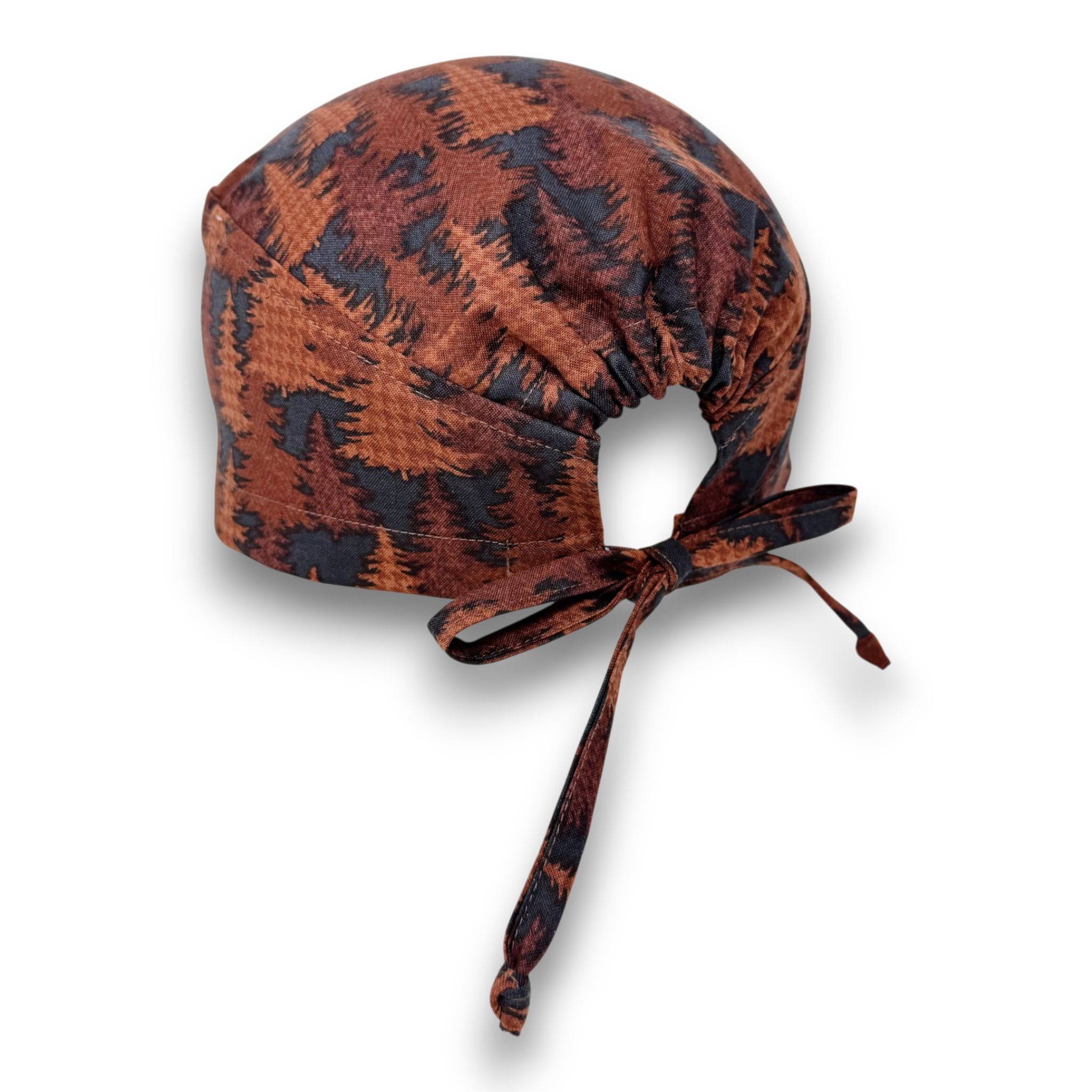 Mens Surgical scrub cap. Brown Woodland tie back scrub hat by Paradise Caps.