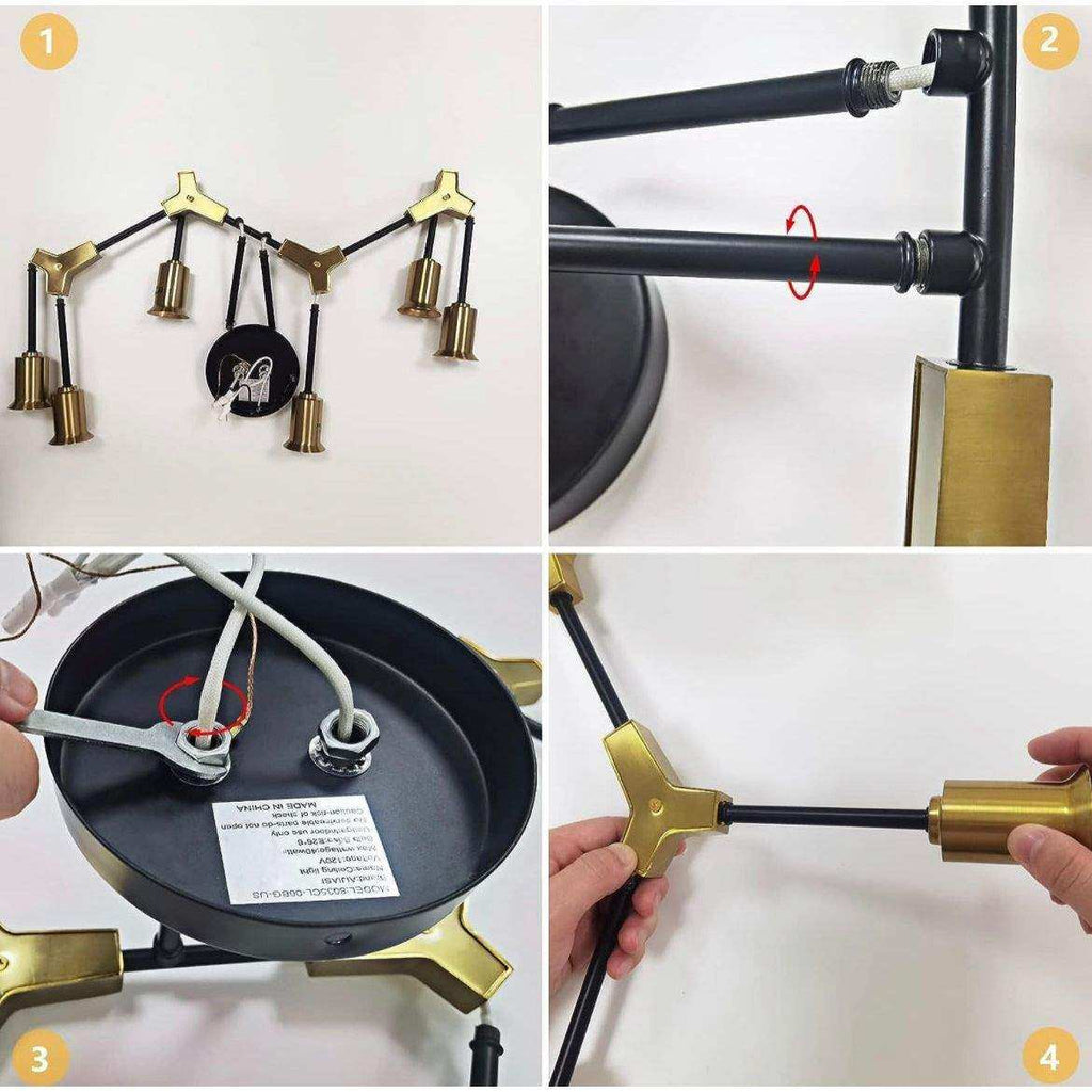 Epinl Modern Sputnik Light Fixture 6-Lights Chandelier Black and Gold Chandelier Metal Semi Flush Mount Ceiling Light for Bedroom Living Room Hallway.E26 Socket
