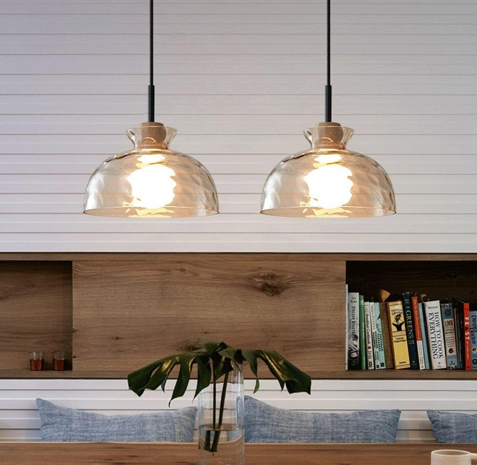 Open Box LTBFDDC Farmhouse Small Pendant Lights Kitchen Island, Adjustable Height Hanging Ceiling Lamp Handblown Glass Dome Clear Hammered Shade For D