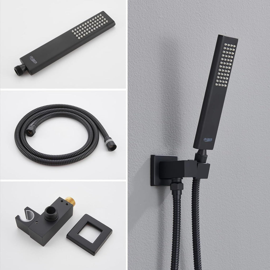 TRUSTMI Thermostatic Shower System Set Matte Black, 3-Way Push Button Diverter Brass Wall Mount Ceiling Shower Faucet Complete with16 Inch 2 Modes Wat