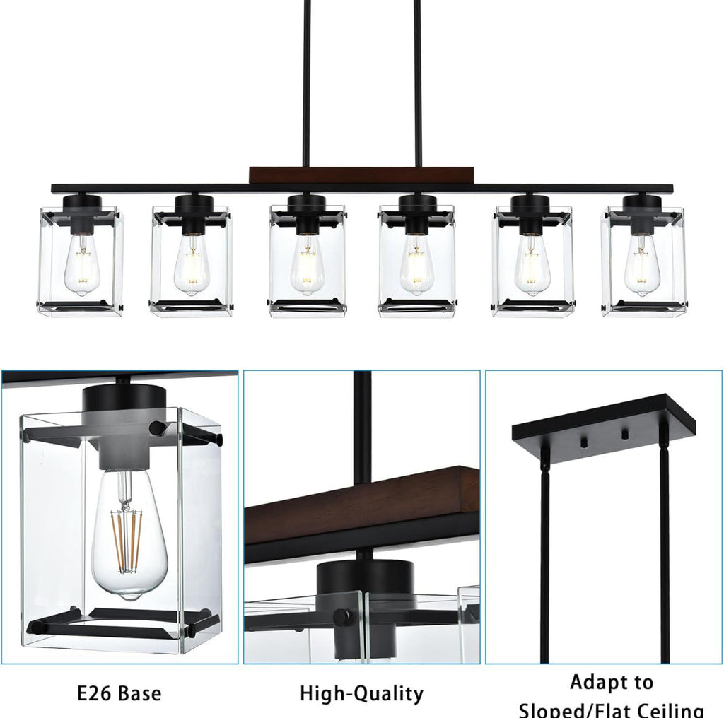 TULUCE 6 Light Farmhouse Chandelier Lighting Vintage Pendant Lighting Clear Glass Shade Flush Mount Lighting Fixture Black Pendant Lamp for Entryways,