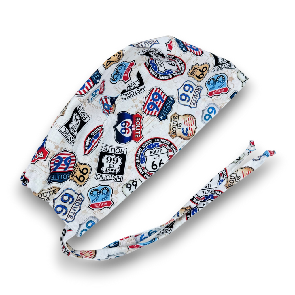 Men's surgical scrub cap. Vintage Route 66 satin lined option skull tie-back style scrub hat by Paradise Caps.