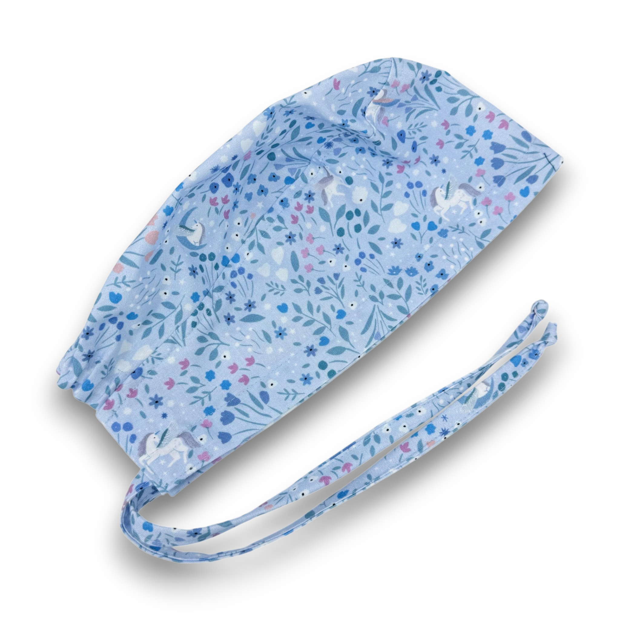 Surgical scrub cap. Unicorn skull tie-back style scrub cap by Paradise Caps. Light blue.