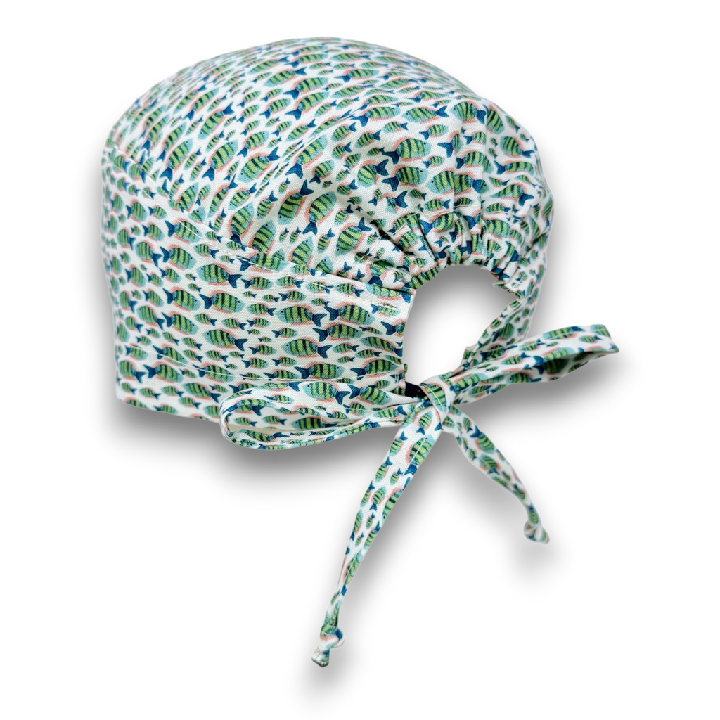 Fish Print Skull tie-back style surgical scrub cap for men by Paradise Caps.