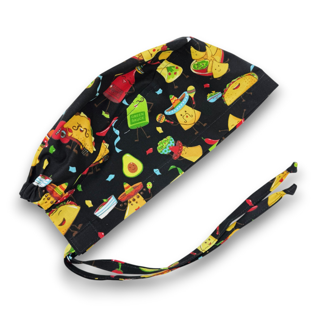 Mens Surgical scrub cap. Tacos skull tie-back style scrub cap by Paradise Caps.