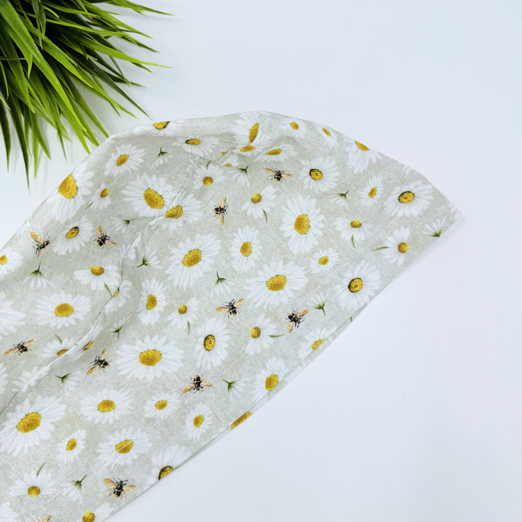 Bee And Daisy Skull tie-back style surgical scrub cap for men by Paradise Caps.