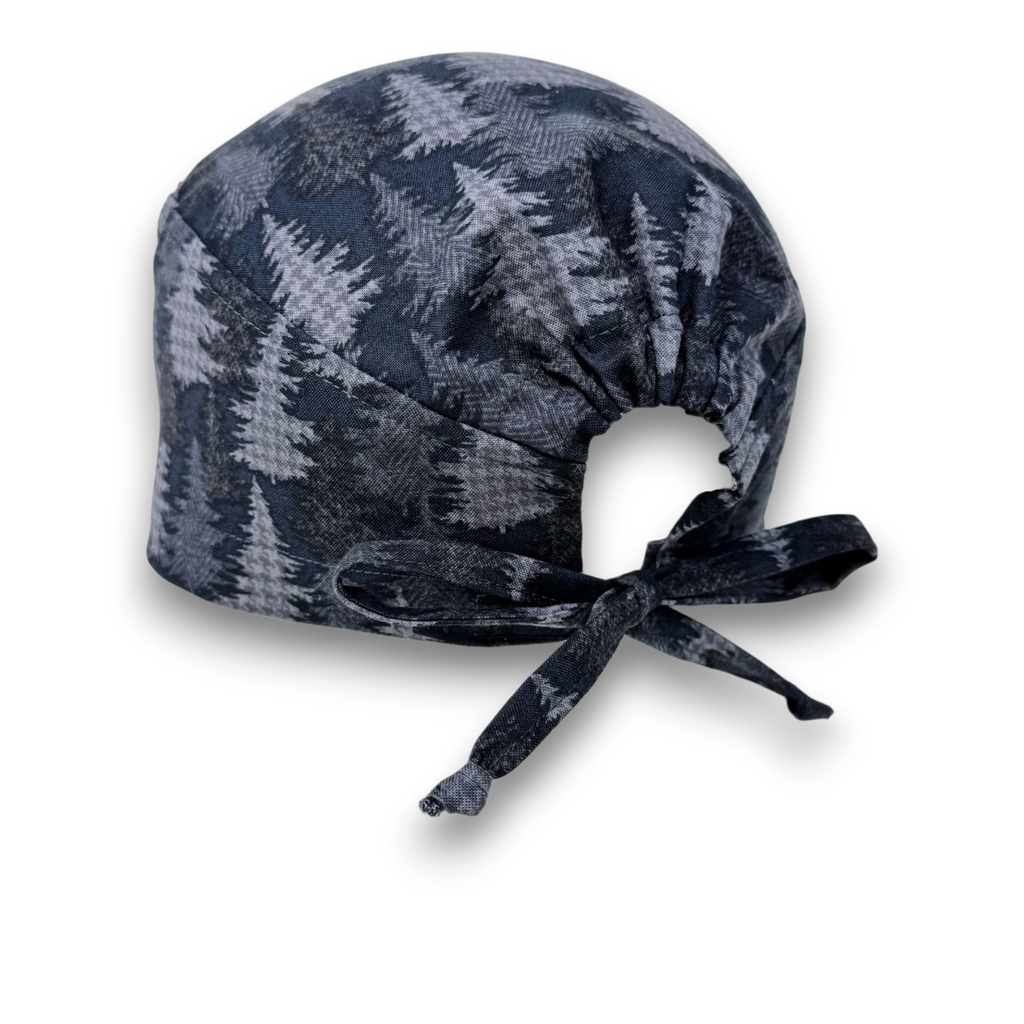 Pine Trees Skull tie-back style surgical scrub cap for men by Paradise Caps.