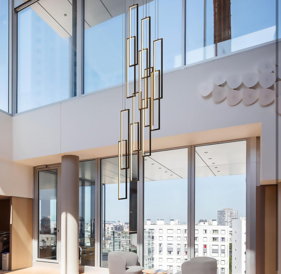 UPGENT Simple Modern LED Chandelier Stair Chandelier Dimmable 12 Ring Rectangular Chandelier high Door for Living Room lamp Hall lamp Remote Control