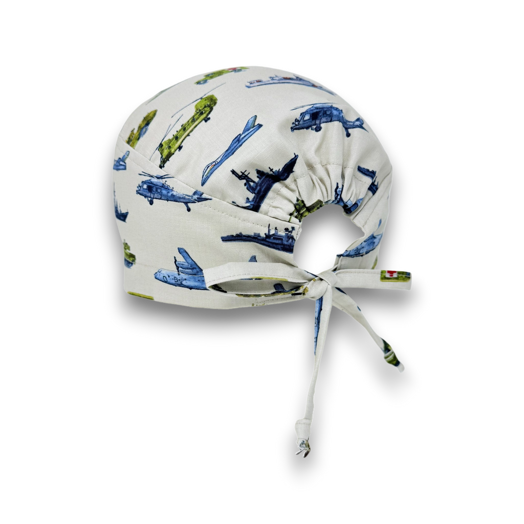 Military Aircraft Skull tie-back style surgical scrub cap for men by Paradise Caps.