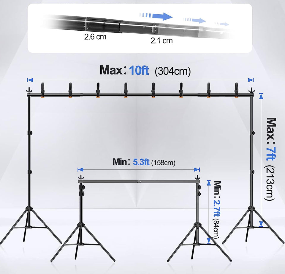 EMART Backdrop Stand 10x7ft(WxH) Photo Studio Adjustable Background Stand Support Kit with 2 Crossbars, 8 Backdrop Clamps, 2 Sandbags and Carrying Bag