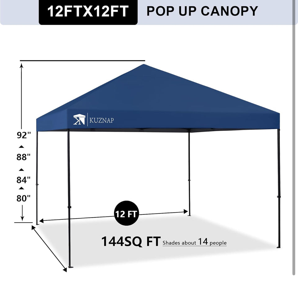Open Box KUZNAP 12'x12' Pop up Canopy Tent Patented EZ Set up Instant Outdoor Canopy with Wheeled Carry Bag Bonus 4 Weight Sandbags, 8 Stakes and 4 Ro