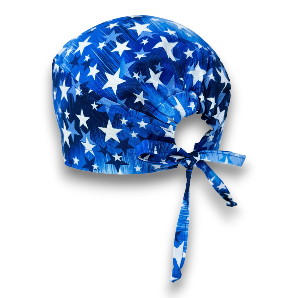 Surgical scrub cap for men. Blue Star tie back scrub hat with satin lined by Paradise Caps.