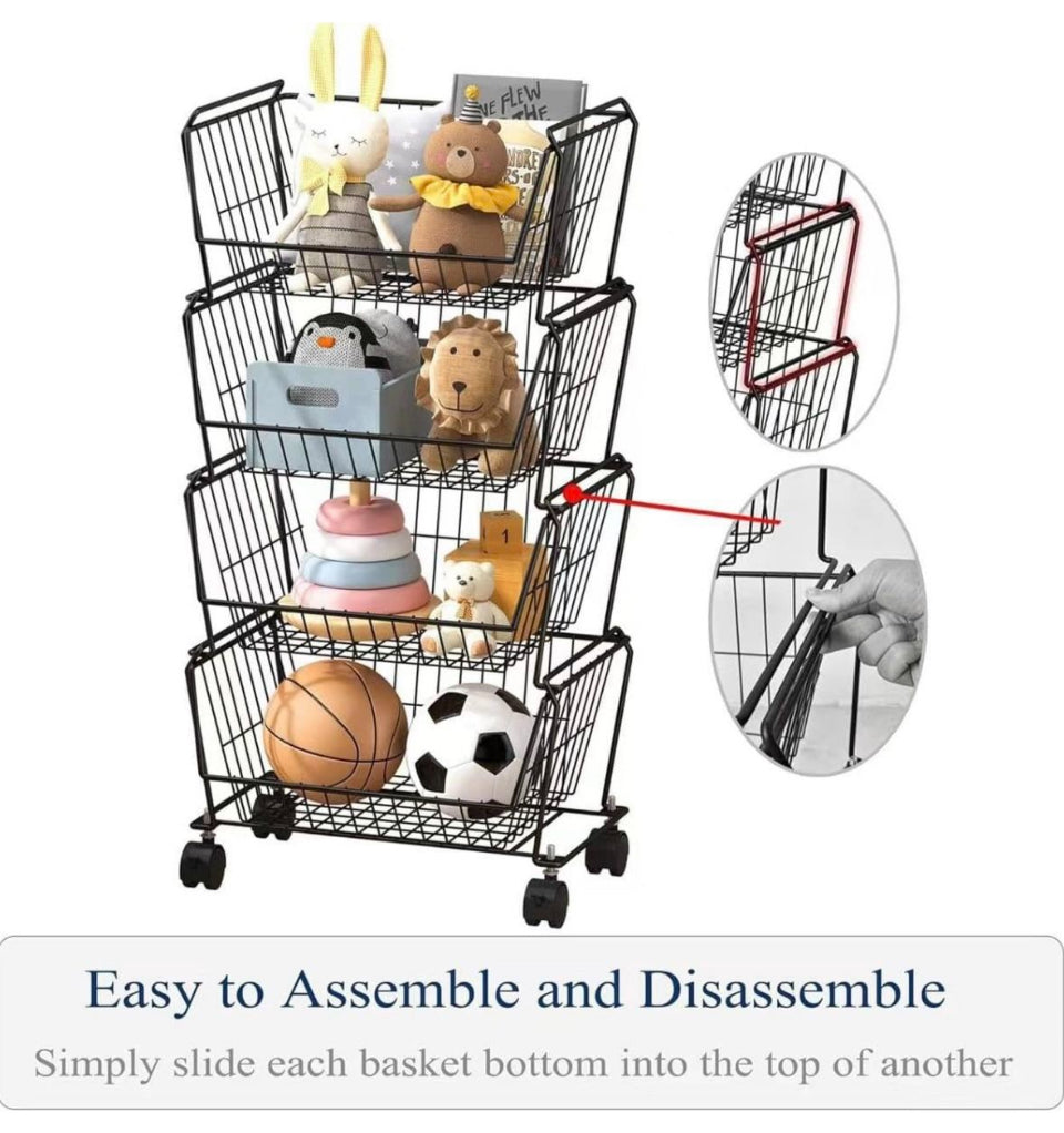 Open box PUSDON Stackable Metal Storage Carts, Dual Use Shelf for Kitchen Fruit Vegetable Baskets with Wheels, Storage Rack for Living Room, Home & Of