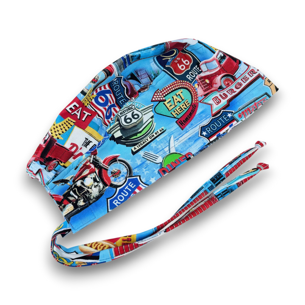 Men's surgical scrub cap. Route 66 Retro Diner satin lined option skull tie-back style scrub hat by Paradise Caps.