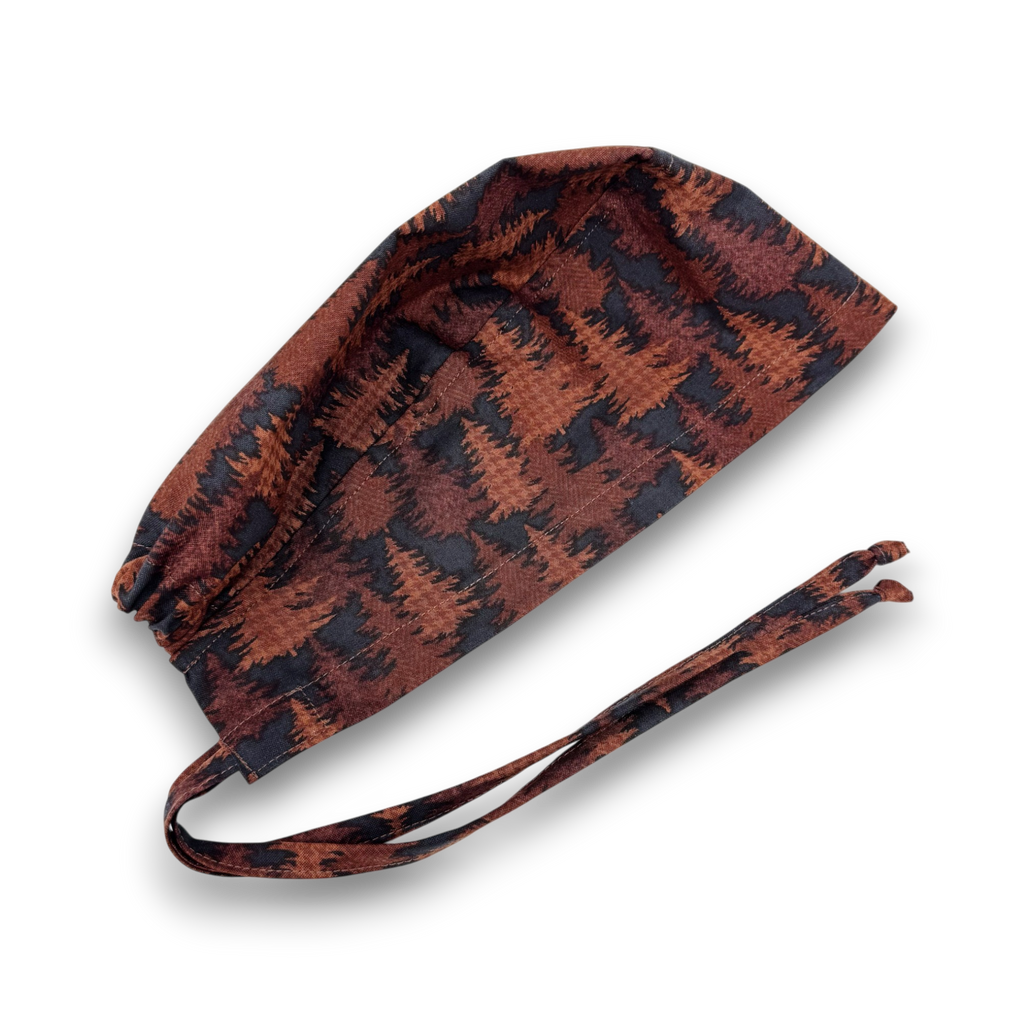 Mens Surgical scrub cap. Brown Woodland tie back scrub hat by Paradise Caps.