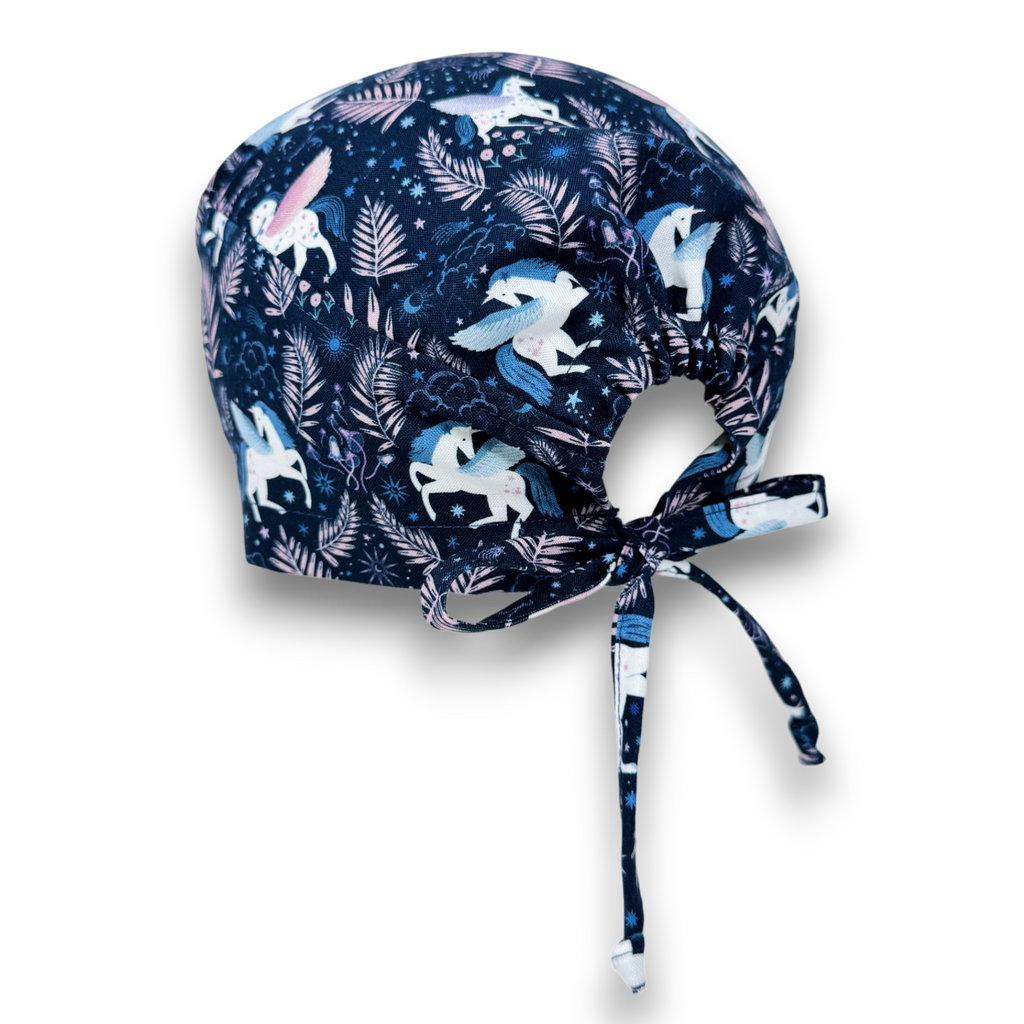 Men's surgical scrub cap. Unicorn skull tie-back style scrub cap by Paradise Caps. Navy.