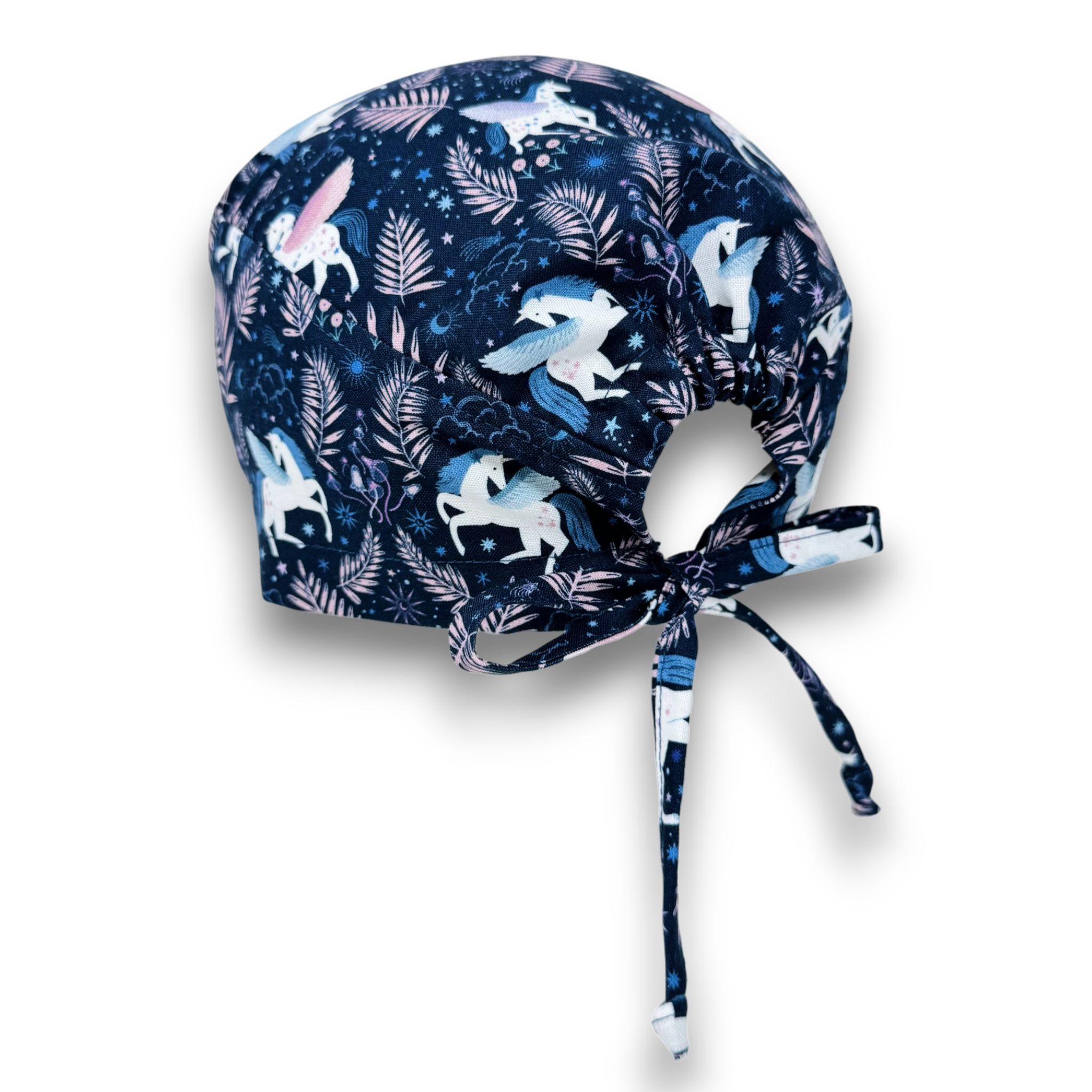 Men's surgical scrub cap. Unicorn skull tie-back style scrub cap by Paradise Caps. Navy.