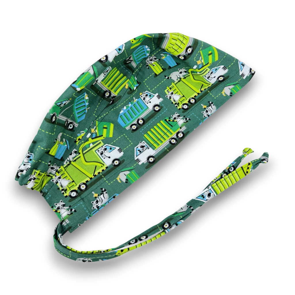 Men's surgical scrub cap. Garbage Truck Raccoon surgical hat by Paradise Caps.