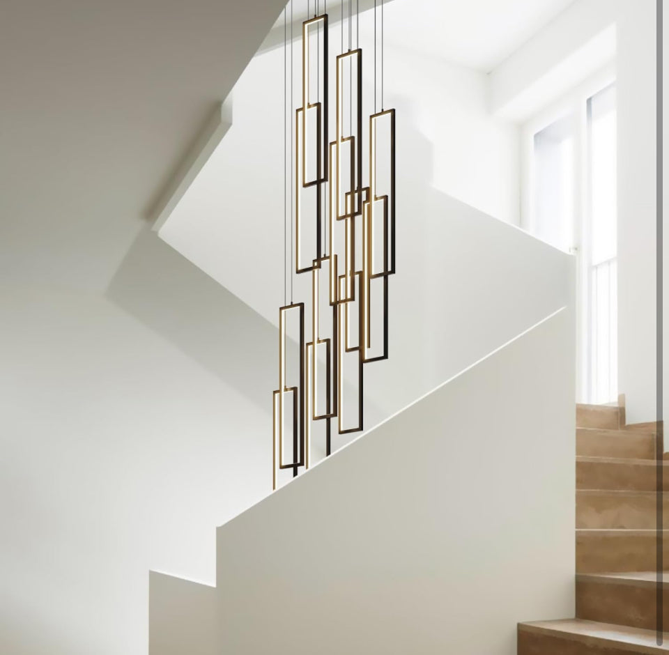 UPGENT Simple Modern LED Chandelier Stair Chandelier Dimmable 12 Ring Rectangular Chandelier high Door for Living Room lamp Hall lamp Remote Control