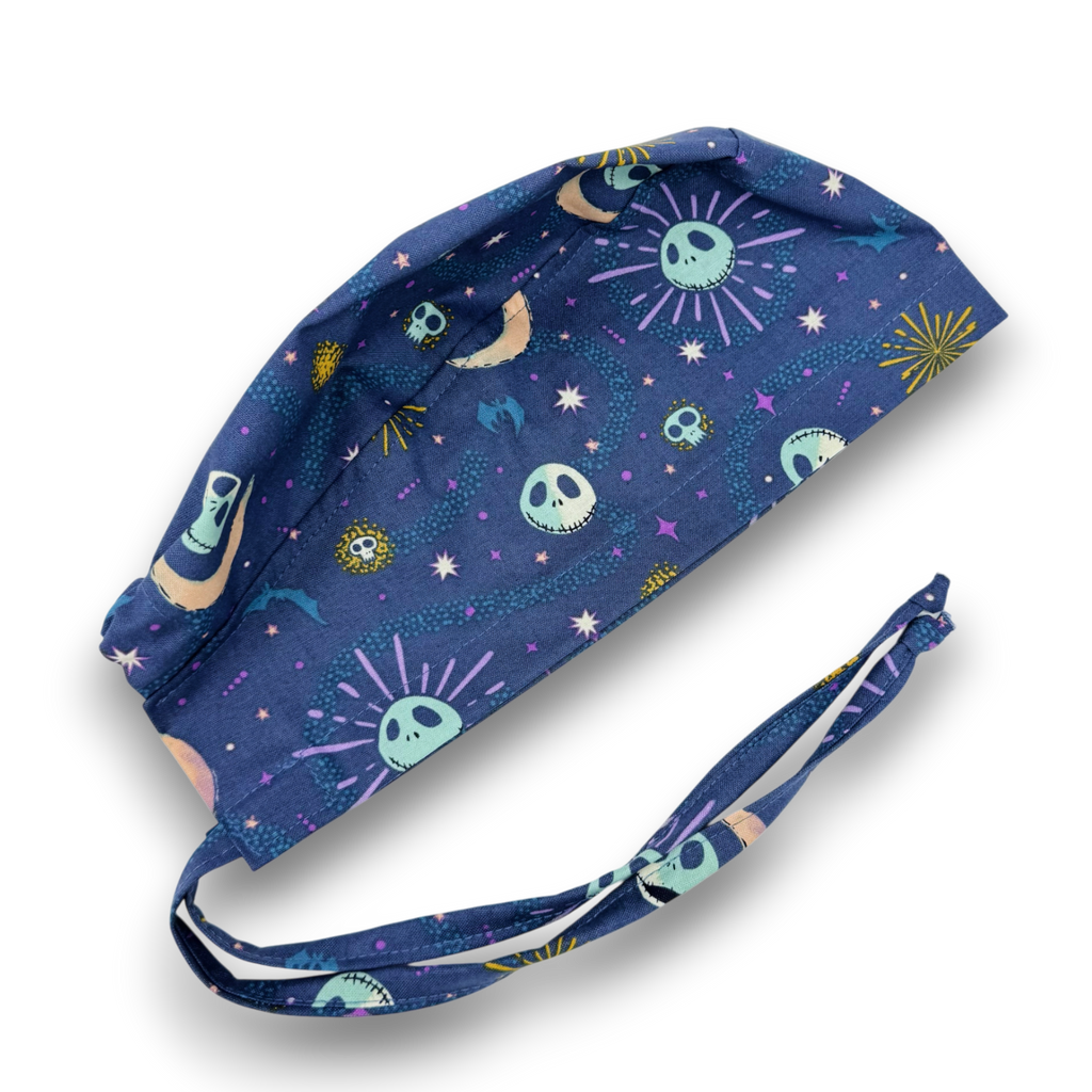 Skelly Moon Skull tie-back style surgical scrub cap for men by Paradise Caps.