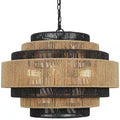 Open Box Prime Ray Luster Boho 24 in. 6-Light 7-Tier Hand Woven Rattan Pendant Chandelier Light with Large Shade and Black Finish