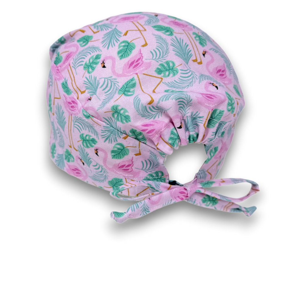 Surgical scrub cap. Flamingo tie back scrub hat by Paradise Caps.