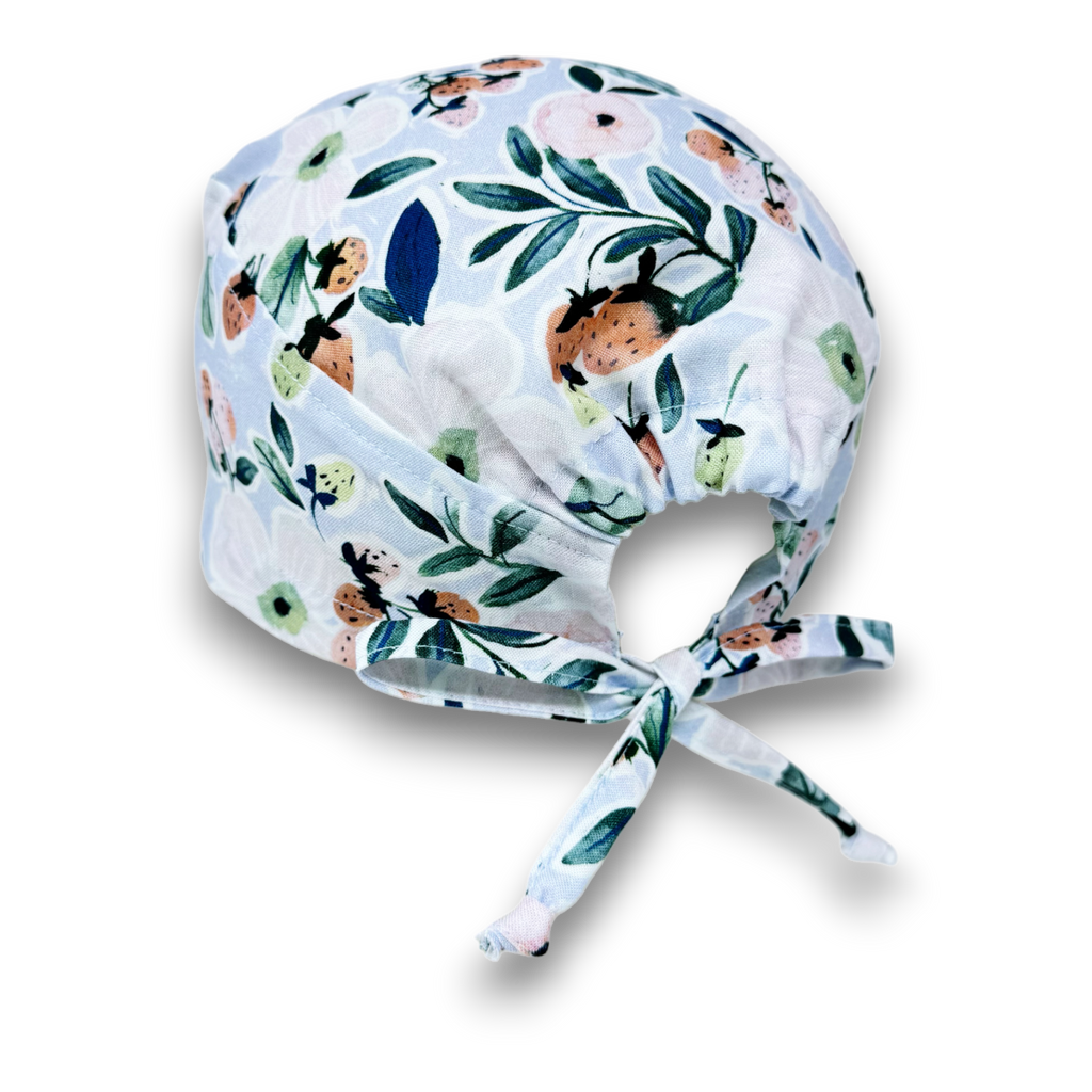 Surgical scrub cap. Strawberry Bloom tie back scrub hat by Paradise Caps.