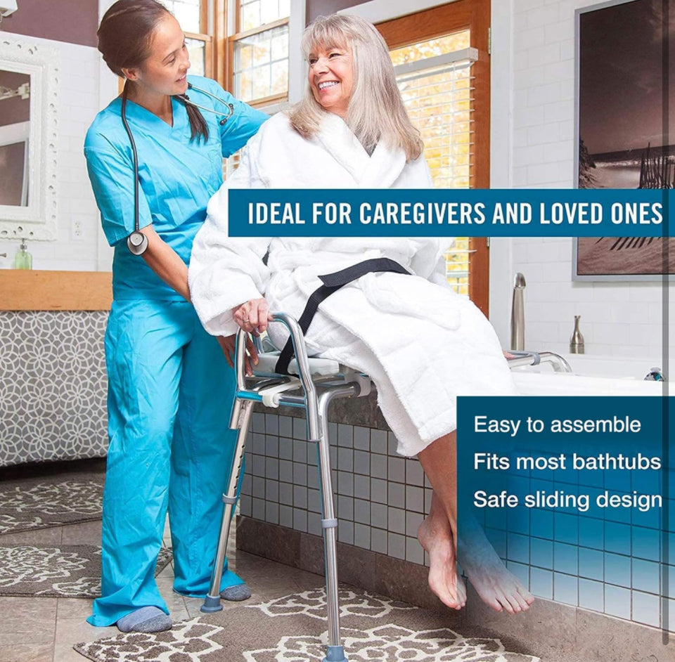 DMI Tub Transfer Bench and Shower Chair with Non Slip Aluminum Body, FSA Eligible, Adjustable Seat Height and Cut Out Access, Holds Weight up to 400 L