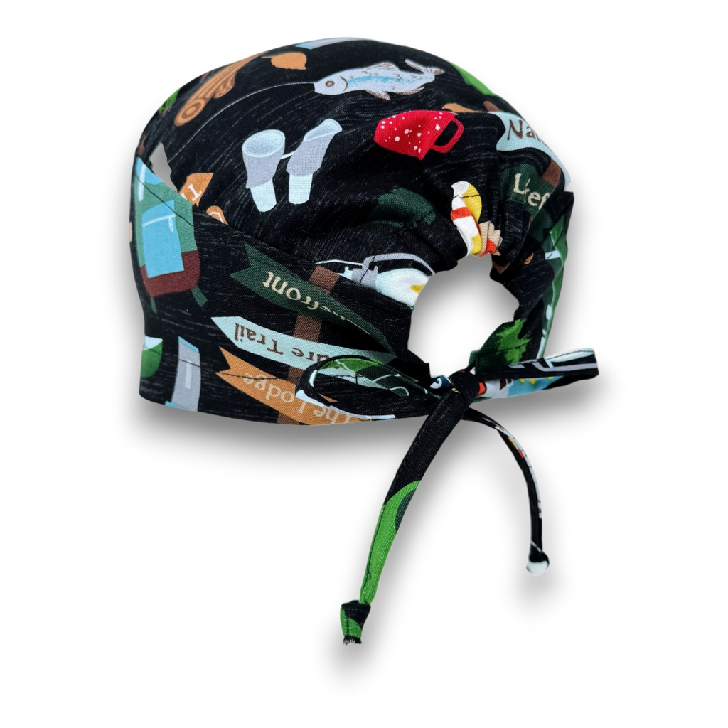 Camping Hiking Skull tie-back style surgical scrub cap for men by Paradise Caps.