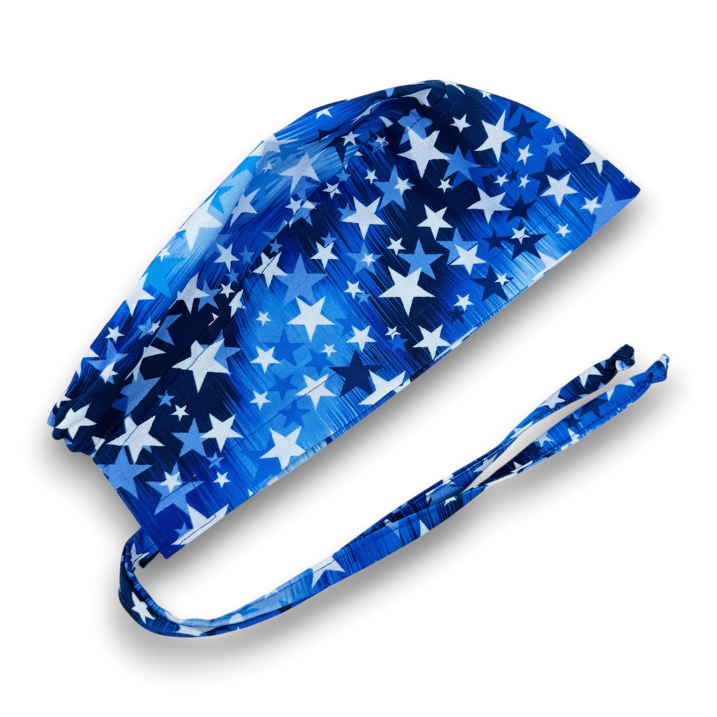 Surgical scrub cap for men. Blue Star tie back scrub hat with satin lined by Paradise Caps.