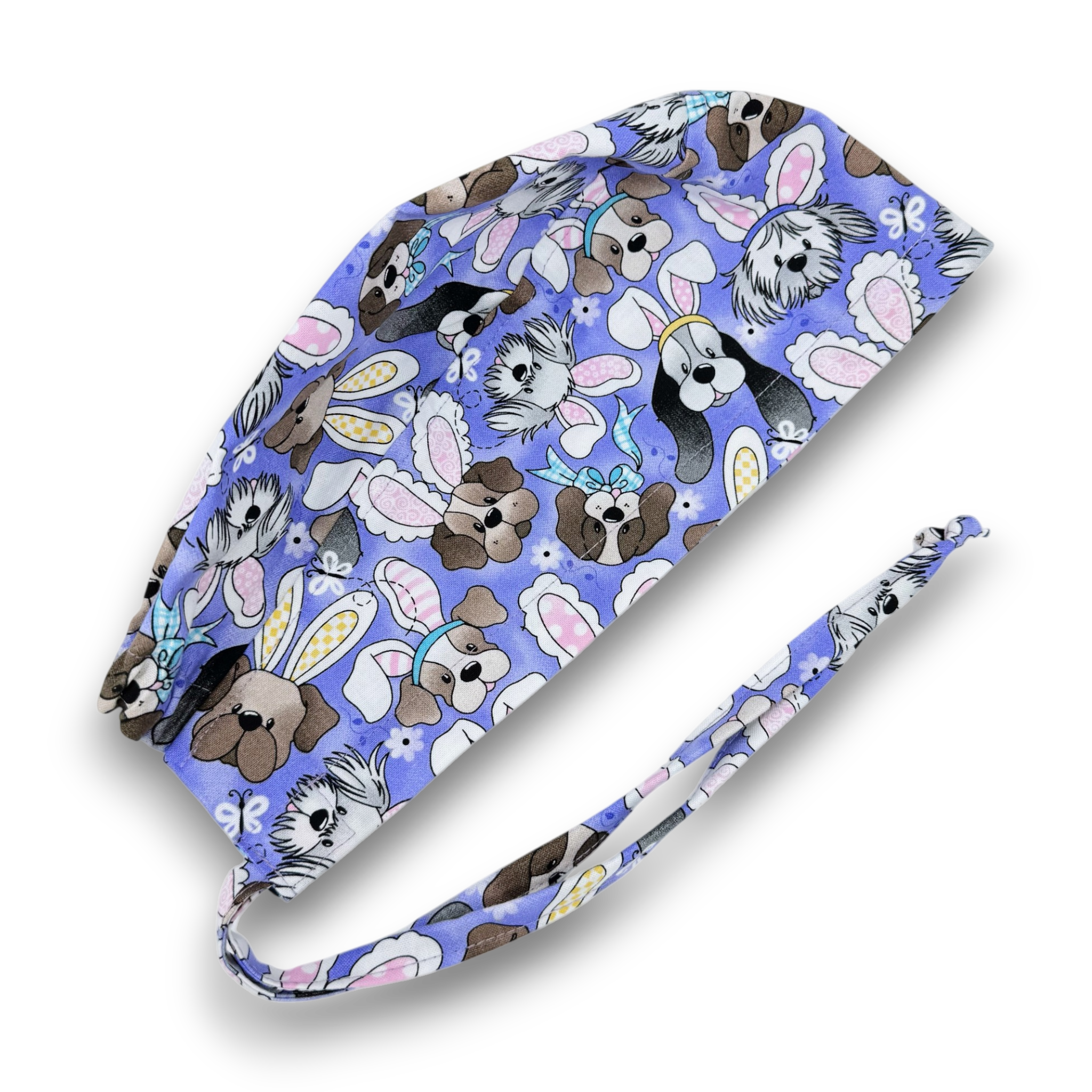 Men's surgical scrub cap. Easter Bunny & Puppy skull tie-back style scrub cap by Paradise Caps.
