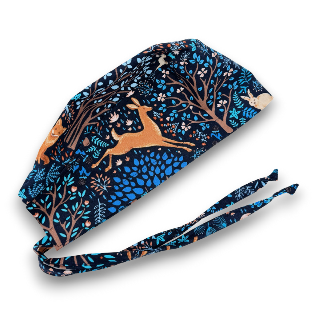 Woodland Animals  Skull tie-back style surgical scrub cap for men by Paradise Caps.