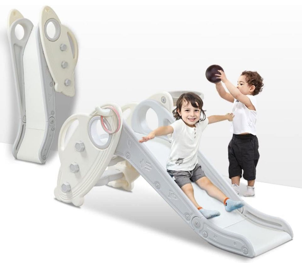Open Box Onasti Kids Slide for Toddlers Age 1-3 Indoor Baby Plastic Slide Outdoor Climber Freestanding Playset with Basketball Hoop & Ring Game Grey