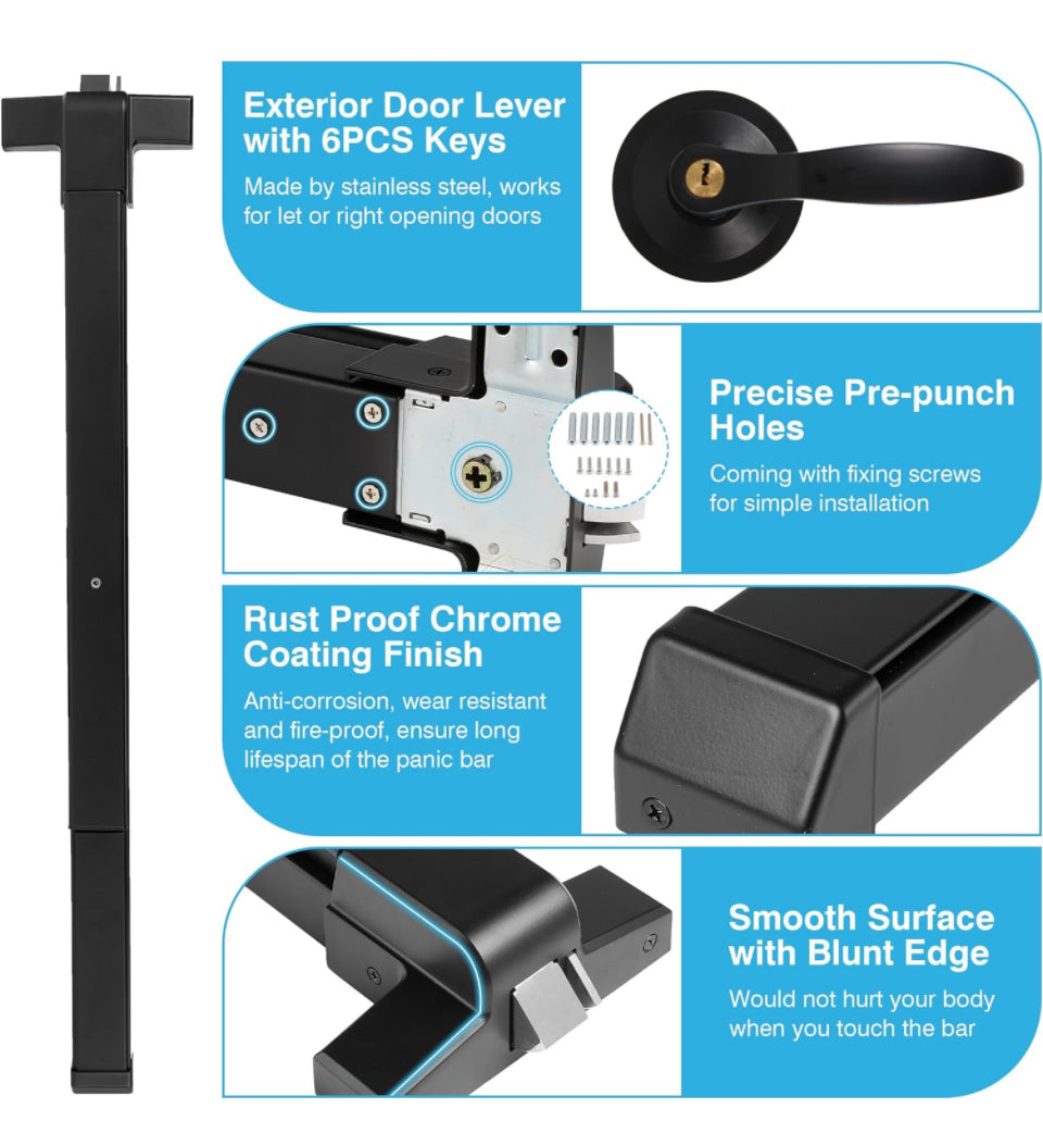IRONWALLS Door Push Bar Panic Exit Device Aluminum with Handle Lever, Black 32" Commercial Push Panic Bars for Emergency Exit Doors, Heavy Duty Panic