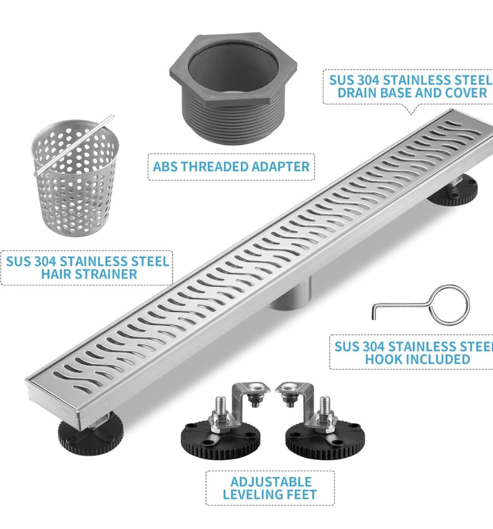 Open Box Linear Shower Drain 36 inch, Floor Drain with Removable Pattern Grate, 304 Stainless Steel Rectangular Linear Drain with Hair Strainer, CUPC